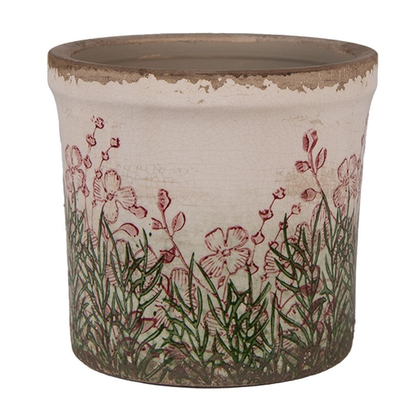 Clayre & Eef Blumentopf „Florentine Relief mit Blumen“ aus Keramik in Salbeigrün, Ø 13 cm (6CE2017S)