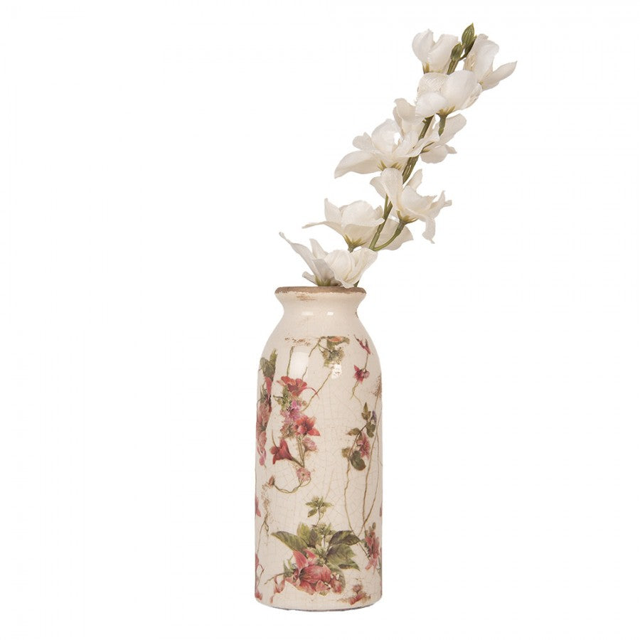 Vintage-Dekovase Lilien & Blütenranken Creme-Beige Keramik mit Craquelé Ø 8x20 cm von Clayre & Eef (6CE2027)