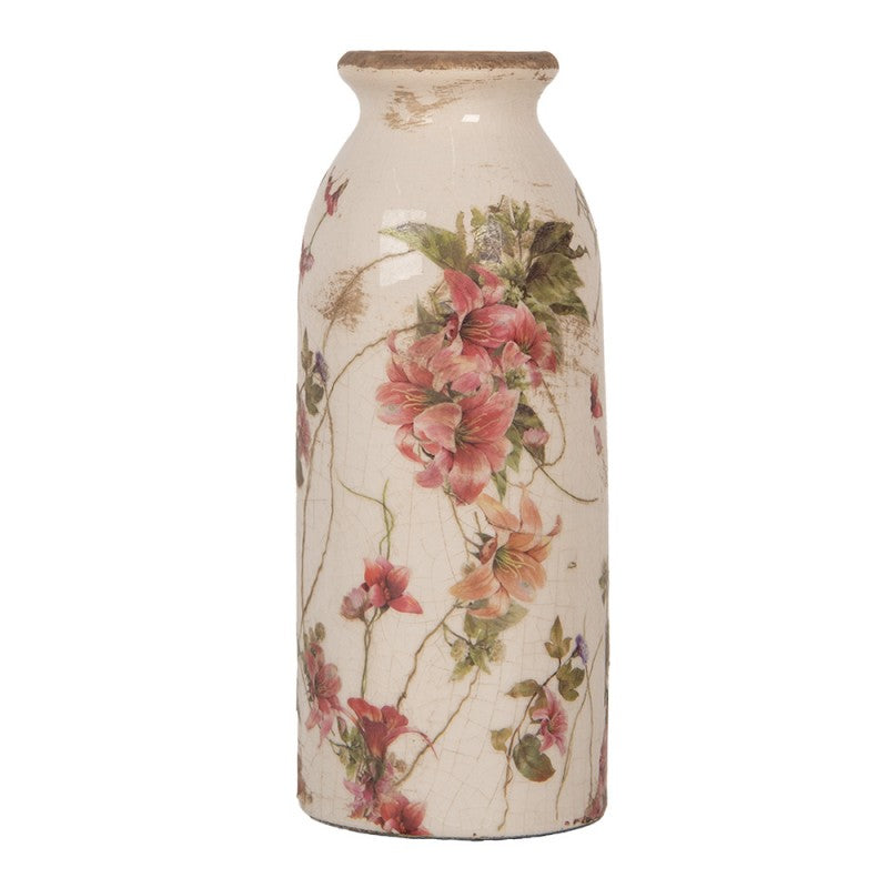 Vintage-Dekovase Lilien & Blütenranken Creme-Beige Keramik mit Craquelé Ø 8x20 cm von Clayre & Eef (6CE2027)