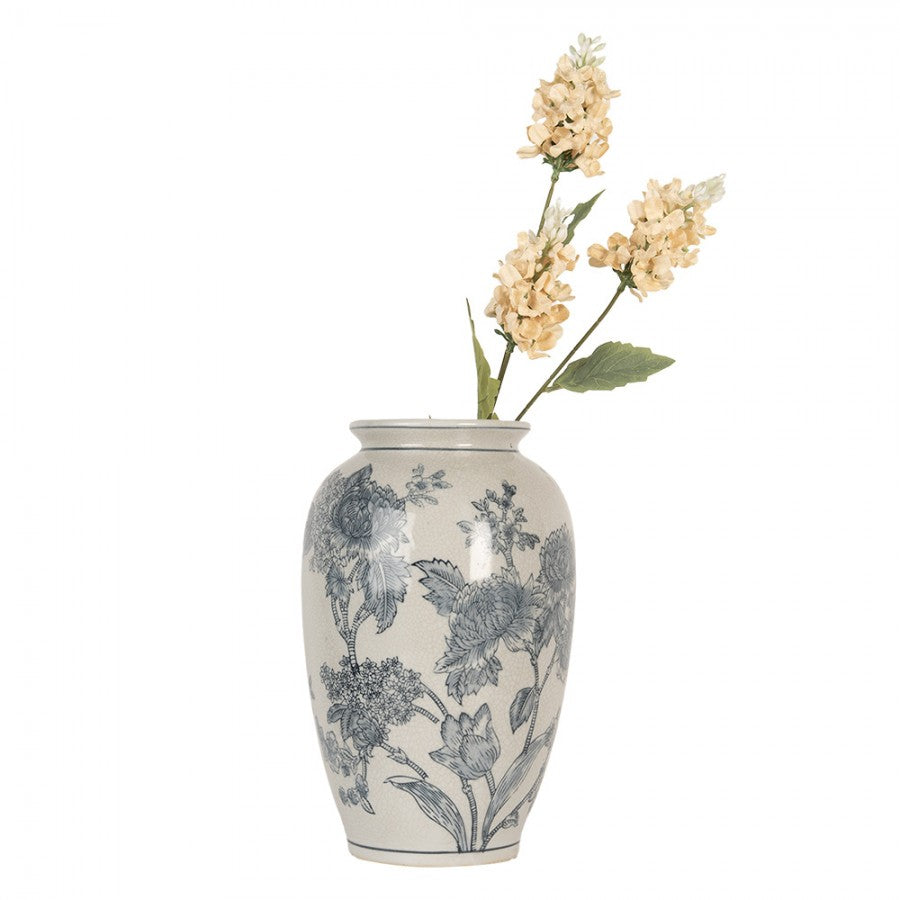 Chinoiserie-Dekovase Pfingstrosen & Tulpen Blau-Weiß Keramik mit Craquelé Ø 17x27 cm von Clayre & Eef (6CE2074)