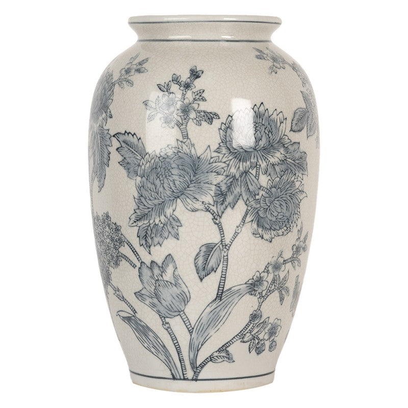 Chinoiserie-Dekovase Pfingstrosen & Tulpen Blau-Weiß Keramik mit Craquelé Ø 17x27 cm von Clayre & Eef (6CE2074)
