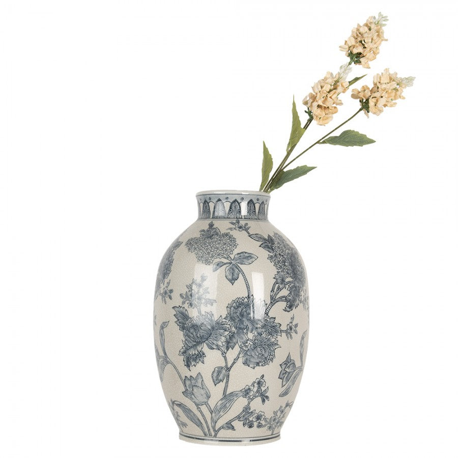 Chinoiserie-Dekovase Pfingstrosen & Tulpen Blau-Weiß Keramik mit Craquelé Ø 22x36 cm von Clayre & Eef (6CE2075)