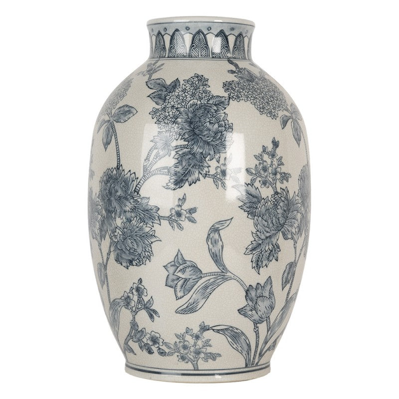 Chinoiserie-Dekovase Pfingstrosen & Tulpen Blau-Weiß Keramik mit Craquelé Ø 22x36 cm von Clayre & Eef (6CE2075)