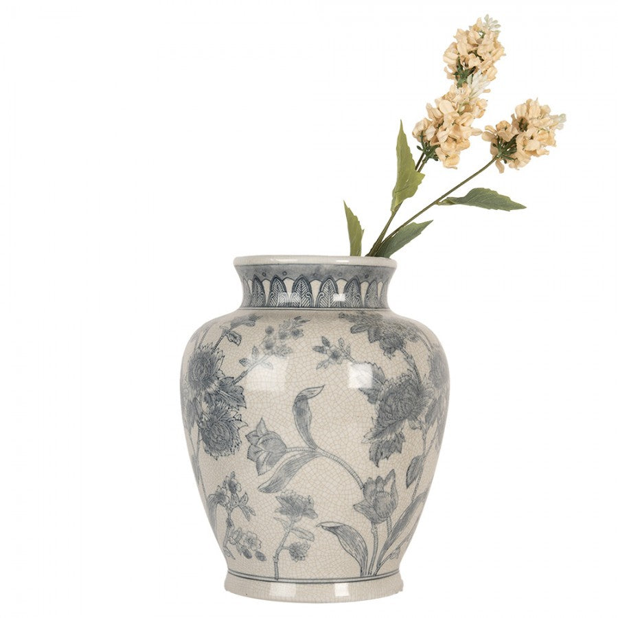 Chinoiserie-Dekovase Pfingstrosen & Tulpen Blau-Weiß Keramik Craquelé Ø 23x29 cm von Clayre & Eef (6CE2076)