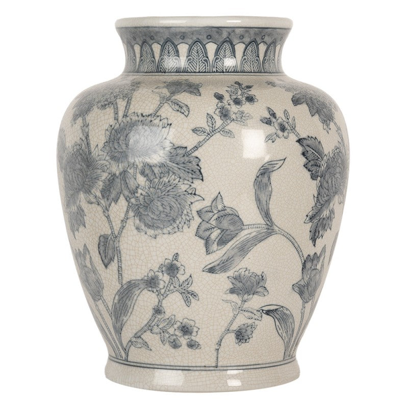 Chinoiserie-Dekovase Pfingstrosen & Tulpen Blau-Weiß Keramik Craquelé Ø 23x29 cm von Clayre & Eef (6CE2076)