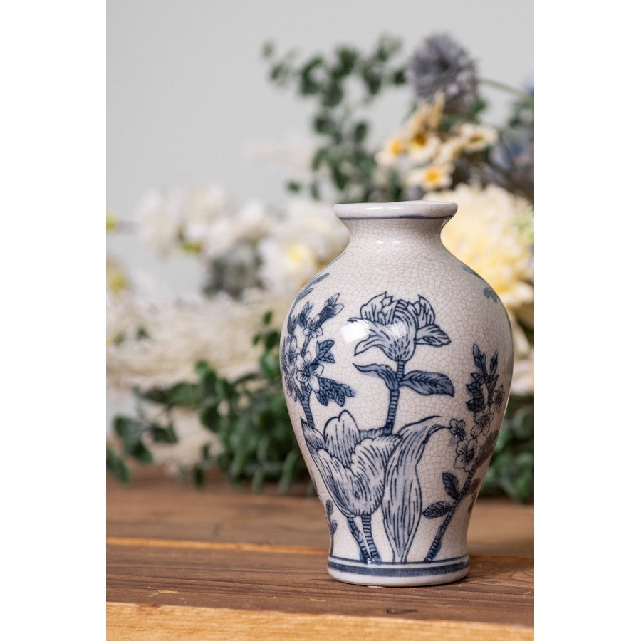 Chinoiserie-Dekovase Blütenzweige Blau-Weiß Keramik mit Craquelé Ø 9x15 cm von Clayre & Eef (6CE2078)