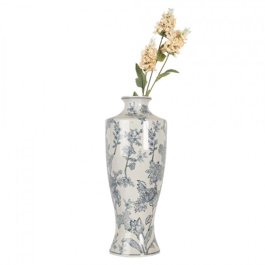 Chinoiserie-Bodenvase Pfingstrosen & Tulpen Blau-Weiß Keramik Craquelé Ø 16x42 cm von Clayre & Eef (6CE2080)