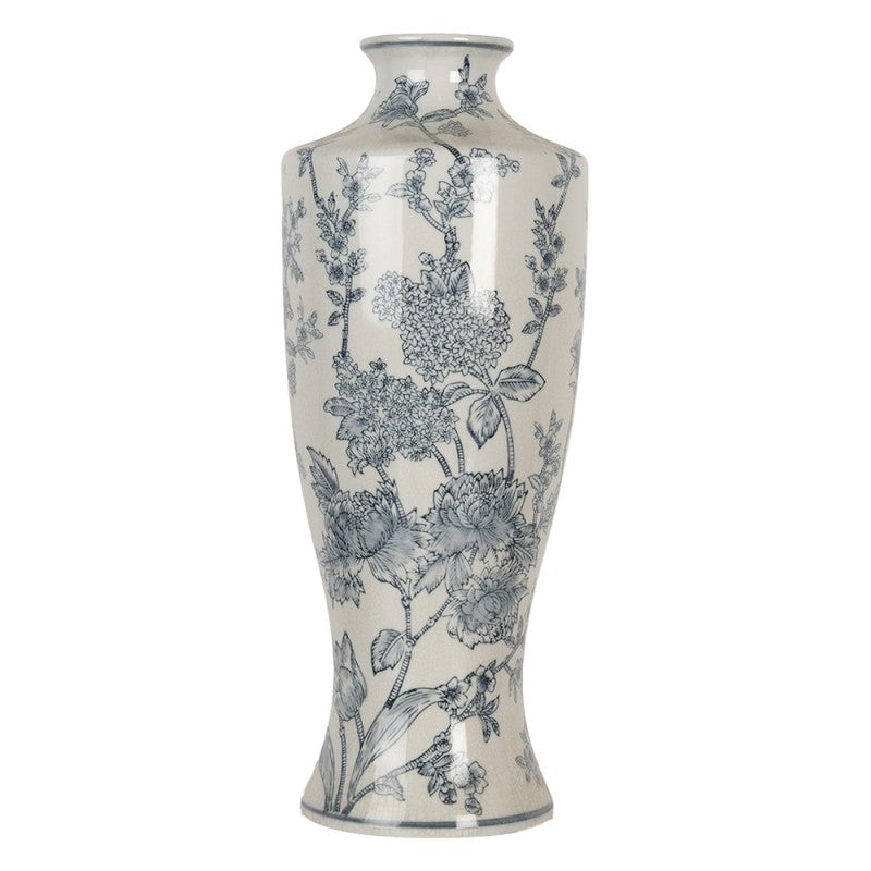 Chinoiserie-Bodenvase Pfingstrosen & Tulpen Blau-Weiß Keramik Craquelé Ø 16x42 cm von Clayre & Eef (6CE2080)