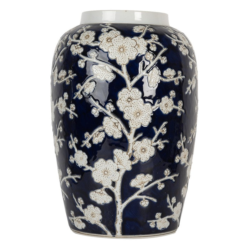 Chinoiserie-Dekovase Kirschblütenzweige Kobaltblau-Weiß Keramik Ø 20x31 cm von Clayre & Eef (6CE2082)
