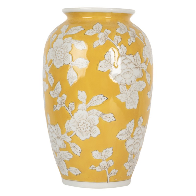 Chinoiserie-Dekovase Pfingstrosen & Blütenranken Sonnengelb-Weiß Keramik Ø 17x27 cm von Clayre & Eef (6CE2088)