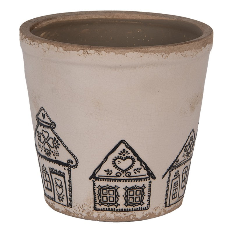 Clayre & Eef Blumentopf „Lebkuchen-Haus“ aus Keramik in Zementgrau, Ø 15 cm (6CE2123M)