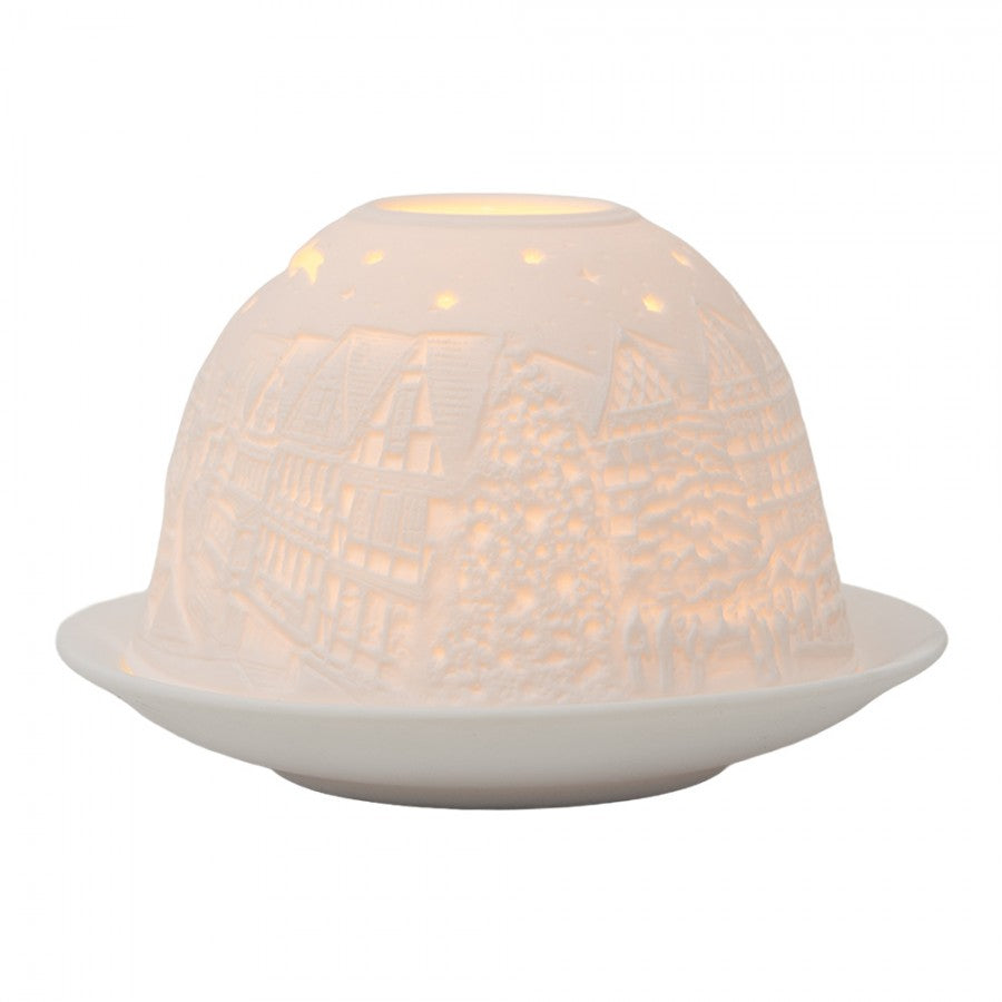 Clayre & Eef Teelichthalter Lithophanie Weihnachtsmarkt Altstadt Fachwerkhäuser Christbaum Schweifstern Biskuitporzellan Ø 12x8 cm (6CE2208)