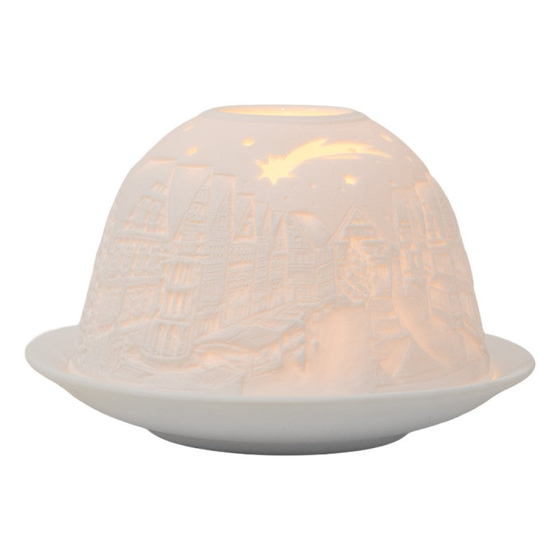Clayre & Eef Teelichthalter Lithophanie Weihnachtsmarkt Altstadt Fachwerkhäuser Christbaum Schweifstern Biskuitporzellan Ø 12x8 cm (6CE2208)