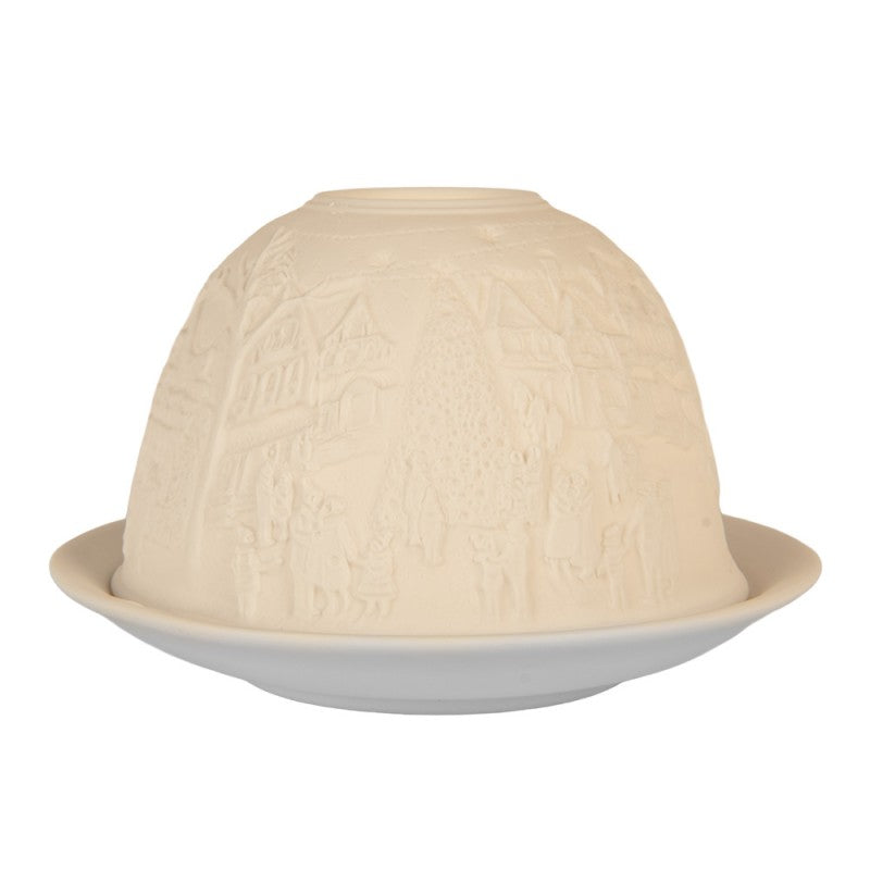 Clayre & Eef Teelichthalter Lithophanie Historischer Weihnachtsmarkt Christbaum Fachwerkhäuser Biskuitporzellan Ø 12x8 cm (6CE2212)