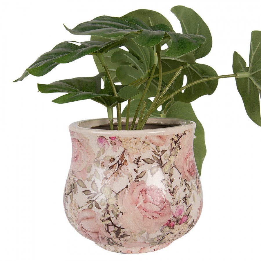 Clayre & Eef Blumentopf „Landhaus Antik“ Rosen-Blüten aus Keramik in Cremeweiß, Ø 15 cm (6CE2241S)