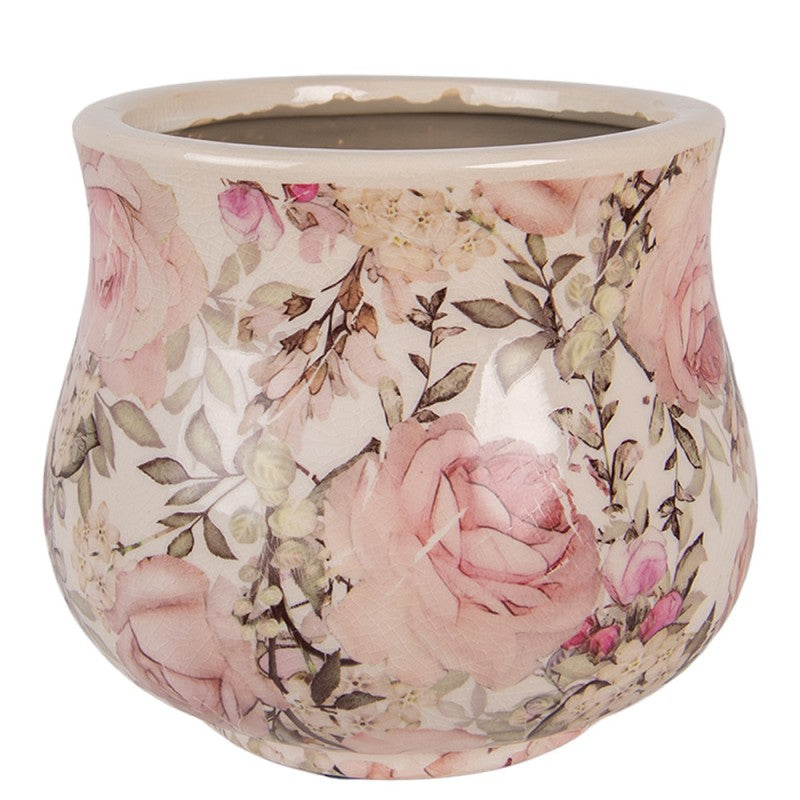 Clayre & Eef Blumentopf „Landhaus Antik“ Rosen-Blüten aus Keramik in Cremeweiß, Ø 15 cm (6CE2241S)