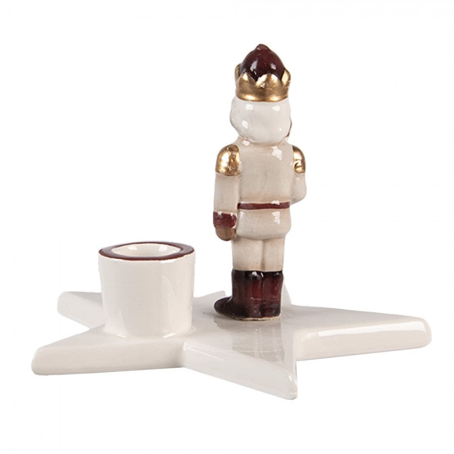 Keramik-Kerzenständer Stern mit Nussknacker Beige-Gold 15x14x12 cm für Stabkerzen von Clayre & Eef (6CE2253)