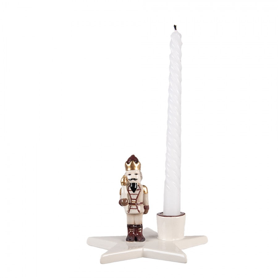 Keramik-Kerzenständer Stern mit Nussknacker Beige-Gold 15x14x12 cm für Stabkerzen von Clayre & Eef (6CE2253)