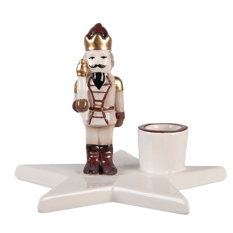 Keramik-Kerzenständer Stern mit Nussknacker Beige-Gold 15x14x12 cm für Stabkerzen von Clayre & Eef (6CE2253)