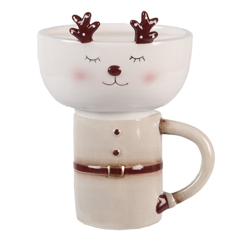 3D Tasse 2-teilig mit Schale Keramik Beige Rentier 12x12x18 cm 250 ml von Clayre & Eef (6CE2255)