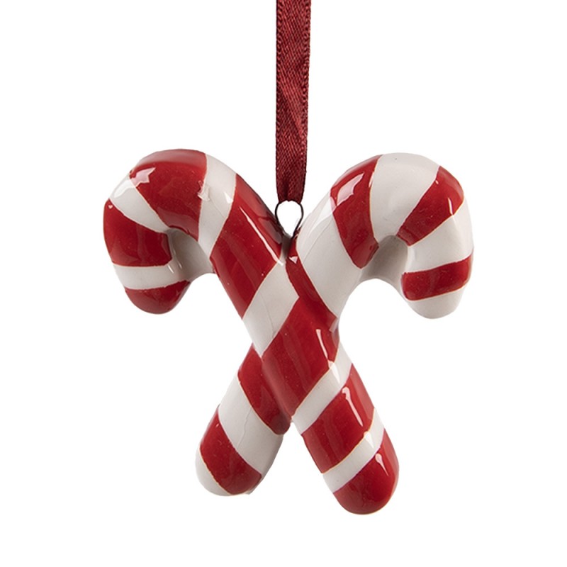 Weihnachtsanhänger gekreuzte Zuckerstangen Keramik glasiert Rot Weiß 6x2x8 cm von Clayre & Eef (6CE2262)