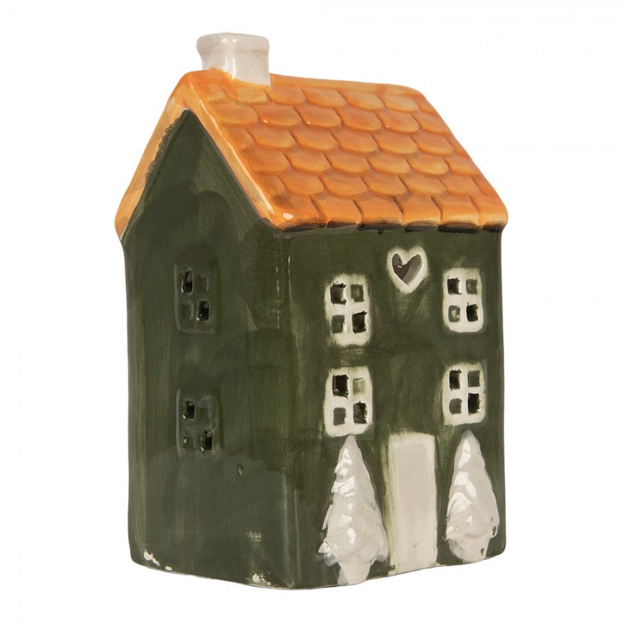Clayre & Eef Teelichthalter Keramik Lichthaus Tannengruen Verschneite Tannen Herzfenster Orangedach 9x8x15 cm (6CE2276)