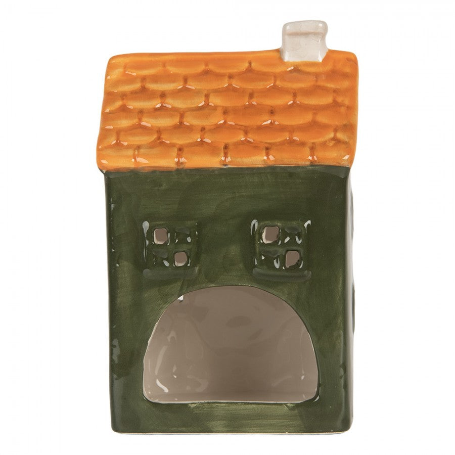 Clayre & Eef Teelichthalter Keramik Lichthaus Tannengruen Verschneite Tannen Herzfenster Orangedach 9x8x15 cm (6CE2276)