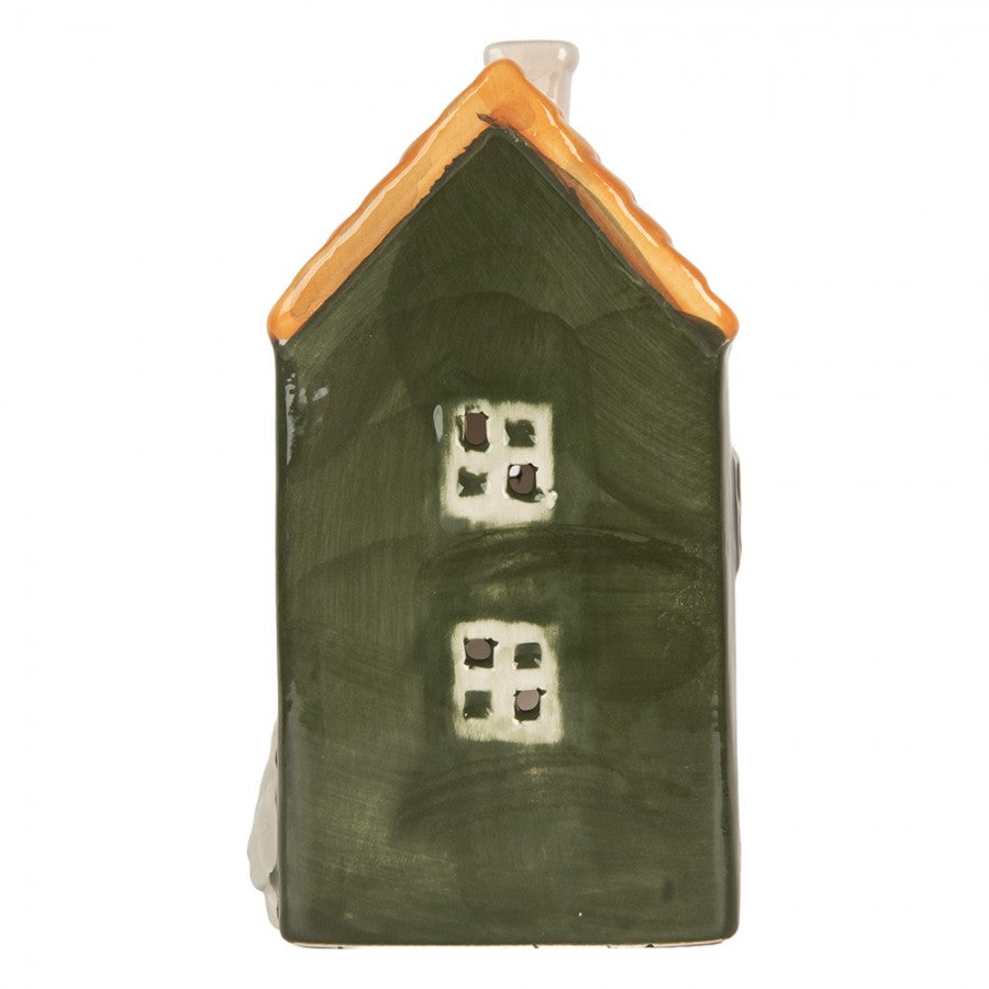Clayre & Eef Teelichthalter Keramik Lichthaus Tannengruen Verschneite Tannen Herzfenster Orangedach 9x8x15 cm (6CE2276)