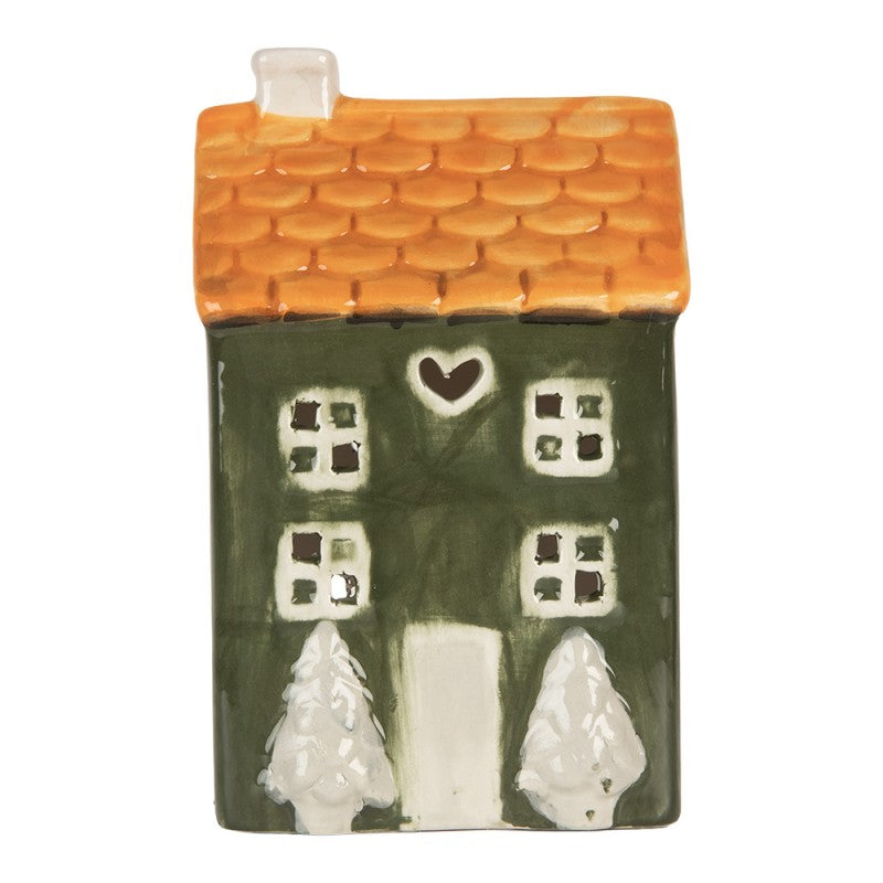 Clayre & Eef Teelichthalter Keramik Lichthaus Tannengruen Verschneite Tannen Herzfenster Orangedach 9x8x15 cm (6CE2276)