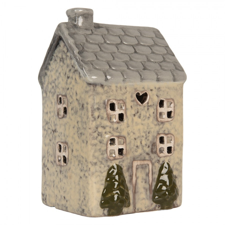 Clayre & Eef Teelichthalter Keramik Lichthaus Sandbeige gesprenkelt Tannen Graues Dach Herzfenster 9x8x15 cm (6CE2277)