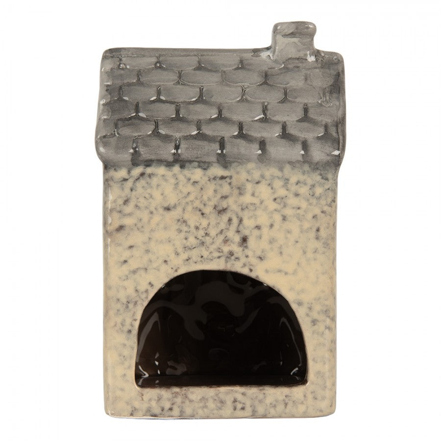 Clayre & Eef Teelichthalter Keramik Lichthaus Sandbeige gesprenkelt Tannen Graues Dach Herzfenster 9x8x15 cm (6CE2277)