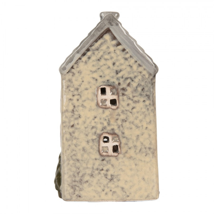 Clayre & Eef Teelichthalter Keramik Lichthaus Sandbeige gesprenkelt Tannen Graues Dach Herzfenster 9x8x15 cm (6CE2277)