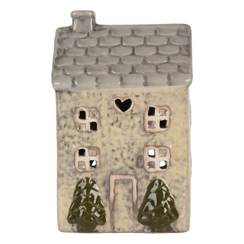Clayre & Eef Teelichthalter Keramik Lichthaus Sandbeige gesprenkelt Tannen Graues Dach Herzfenster 9x8x15 cm (6CE2277)