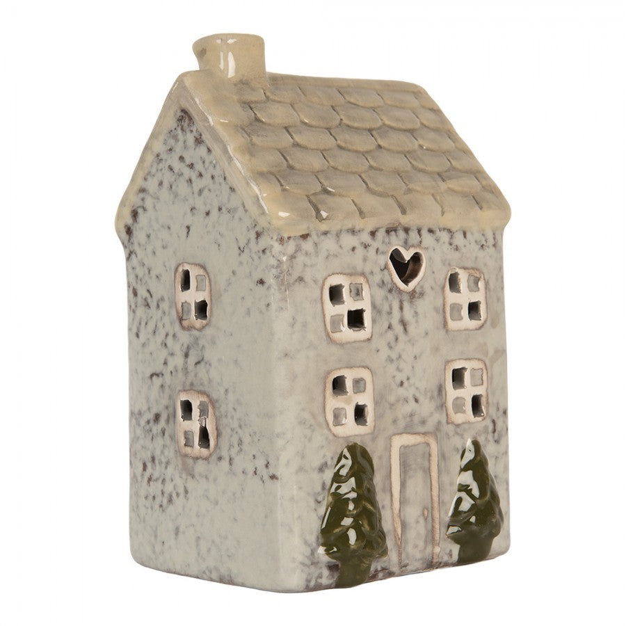 Clayre & Eef Teelichthalter Keramik Lichthaus Hellgrau gesprenkelt Beiges Dach Tannen Herzfenster 9x8x15 cm (6CE2278)