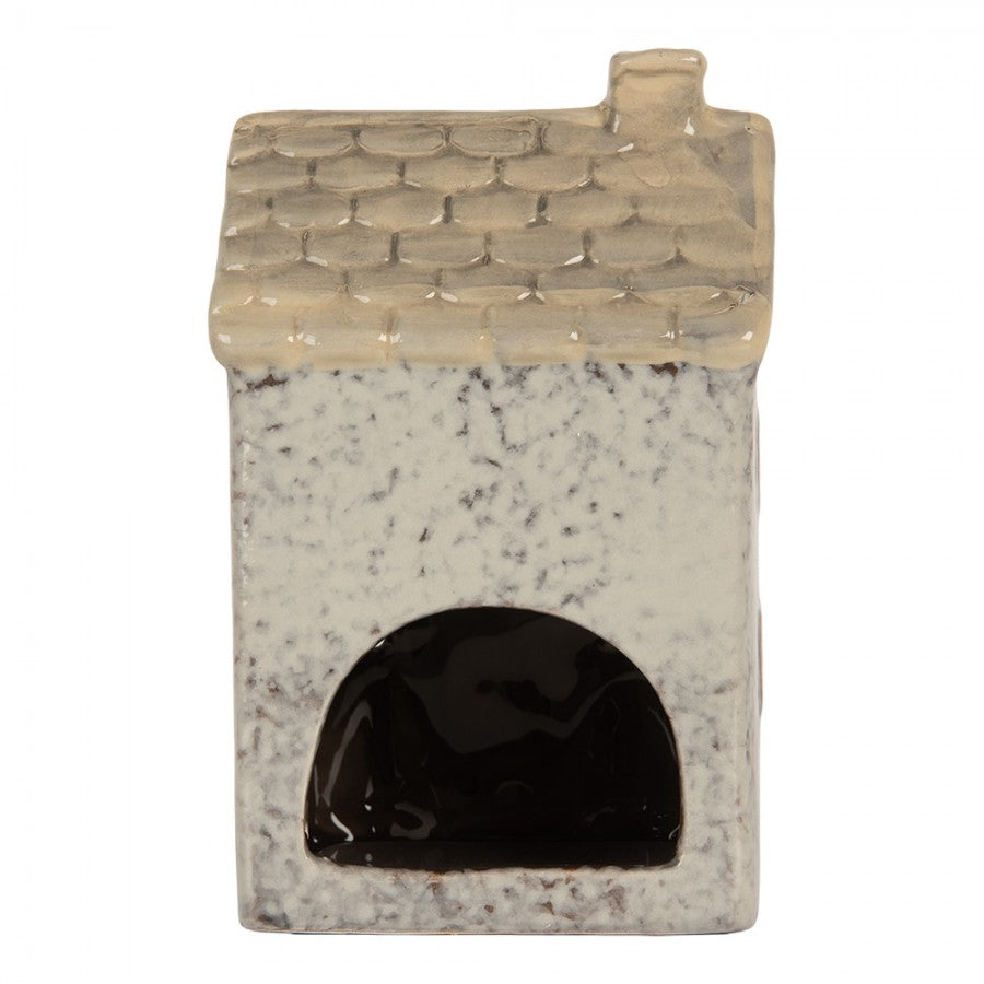 Clayre & Eef Teelichthalter Keramik Lichthaus Hellgrau gesprenkelt Beiges Dach Tannen Herzfenster 9x8x15 cm (6CE2278)