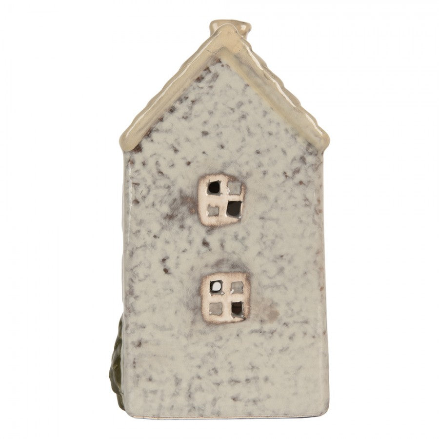 Clayre & Eef Teelichthalter Keramik Lichthaus Hellgrau gesprenkelt Beiges Dach Tannen Herzfenster 9x8x15 cm (6CE2278)