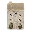 Clayre & Eef Teelichthalter Keramik Lichthaus Hellgrau gesprenkelt Beiges Dach Tannen Herzfenster 9x8x15 cm (6CE2278)