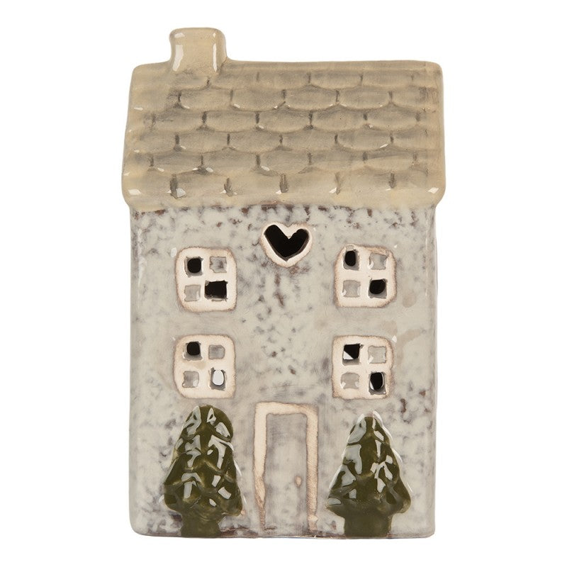 Clayre & Eef Teelichthalter Keramik Lichthaus Hellgrau gesprenkelt Beiges Dach Tannen Herzfenster 9x8x15 cm (6CE2278)