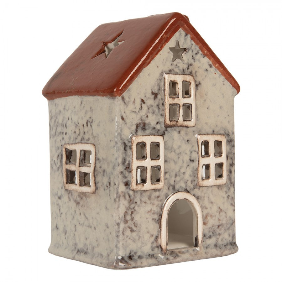 Clayre & Eef Teelichthalter Keramik Lichthaus Scandi Cottage Grau Ziegelbraun Kamin Sternfenster 8x7x13 cm (6CE2284)