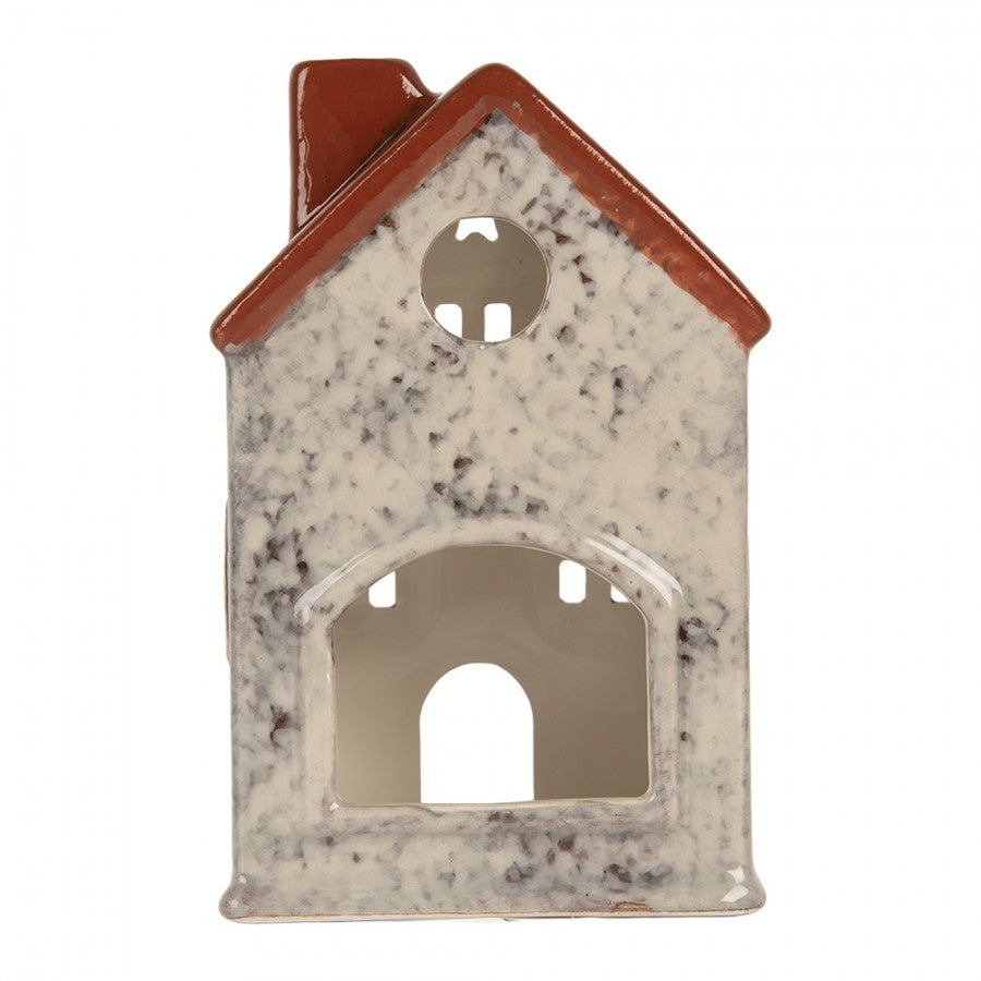 Clayre & Eef Teelichthalter Keramik Lichthaus Scandi Cottage Grau Ziegelbraun Kamin Sternfenster 8x7x13 cm (6CE2284)