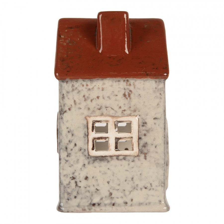 Clayre & Eef Teelichthalter Keramik Lichthaus Scandi Cottage Grau Ziegelbraun Kamin Sternfenster 8x7x13 cm (6CE2284)
