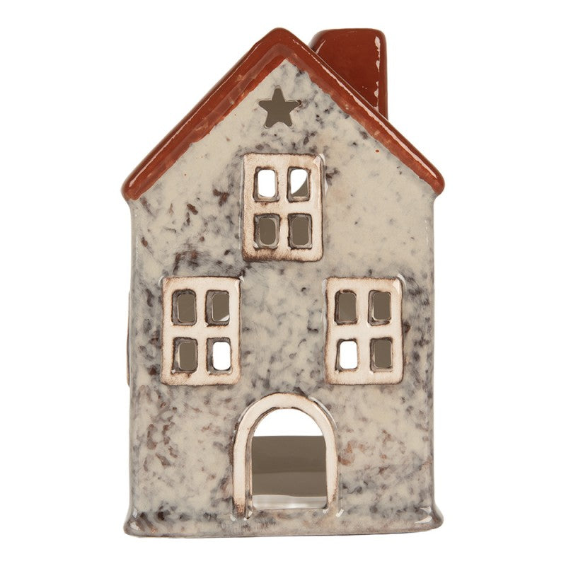Clayre & Eef Teelichthalter Keramik Lichthaus Scandi Cottage Grau Ziegelbraun Kamin Sternfenster 8x7x13 cm (6CE2284)
