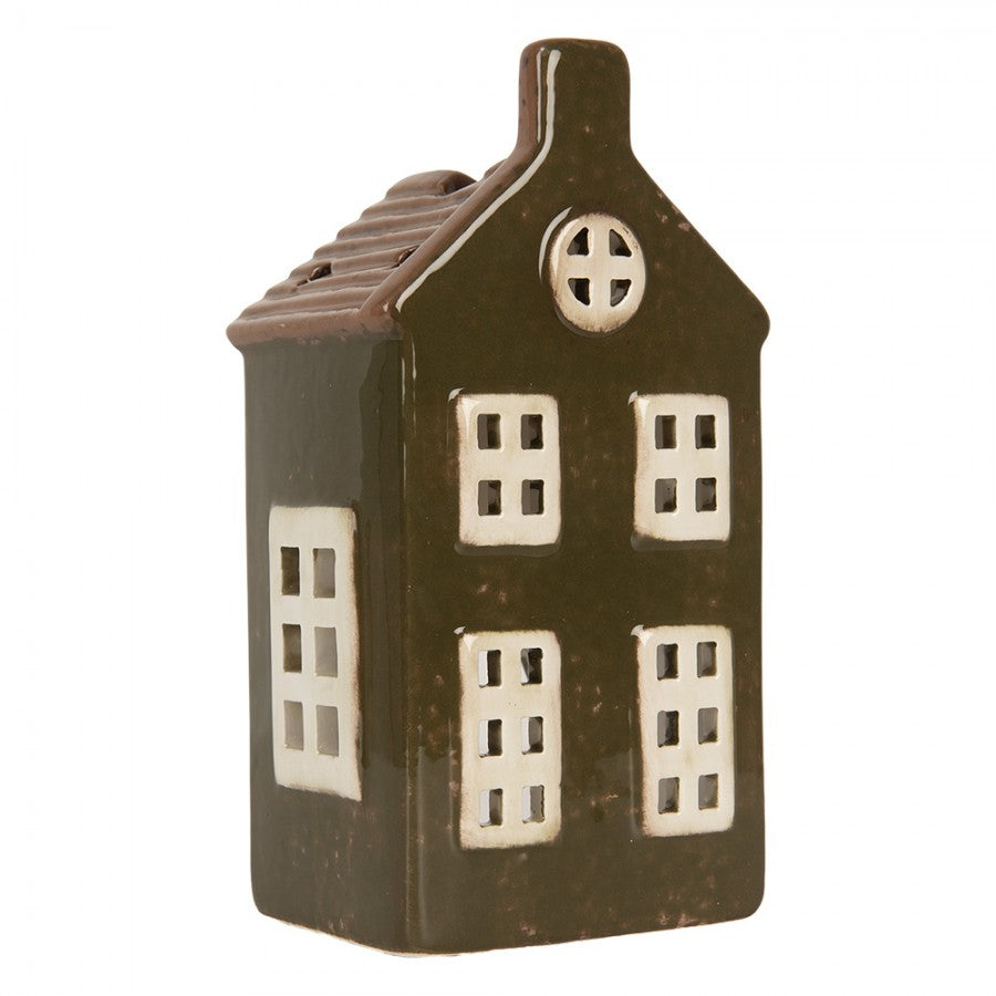 Clayre & Eef Teelichthalter Keramik Lichthaus Grachtenhaus Dunkelgruen Ziegeldach Kamin Ochsenauge 8x6x16 cm (6CE2285)