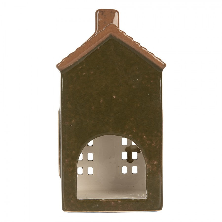 Clayre & Eef Teelichthalter Keramik Lichthaus Grachtenhaus Dunkelgruen Ziegeldach Kamin Ochsenauge 8x6x16 cm (6CE2285)