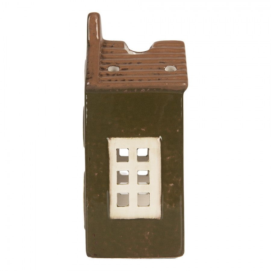 Clayre & Eef Teelichthalter Keramik Lichthaus Grachtenhaus Dunkelgruen Ziegeldach Kamin Ochsenauge 8x6x16 cm (6CE2285)