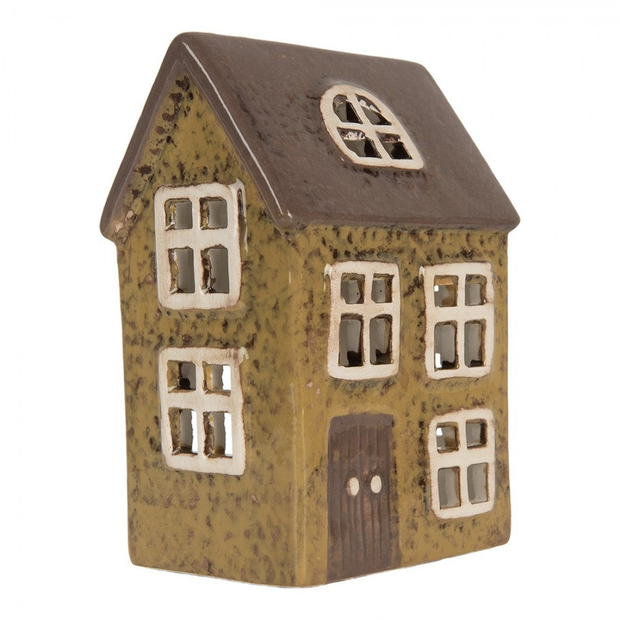 Clayre & Eef Teelichthalter Keramik Lichthaus Cottage Ocker Senfgruen gesprenkelt Dachgaube 10x7x14 cm (6CE2286)