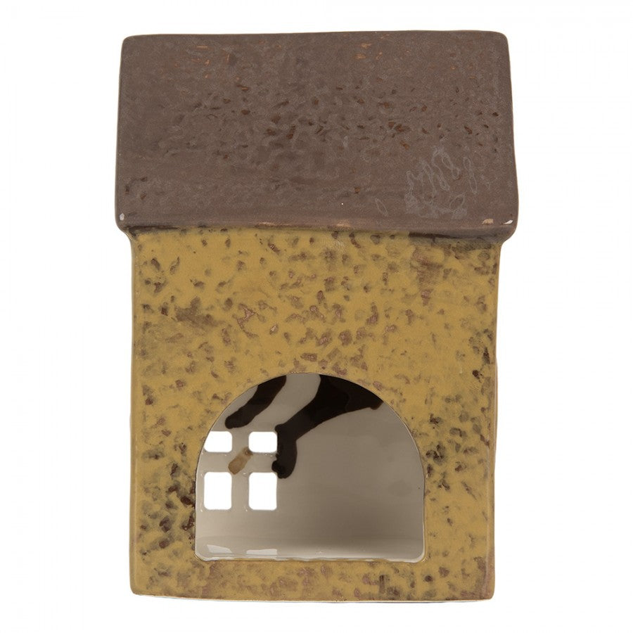 Clayre & Eef Teelichthalter Keramik Lichthaus Cottage Ocker Senfgruen gesprenkelt Dachgaube 10x7x14 cm (6CE2286)