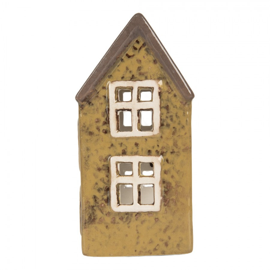 Clayre & Eef Teelichthalter Keramik Lichthaus Cottage Ocker Senfgruen gesprenkelt Dachgaube 10x7x14 cm (6CE2286)