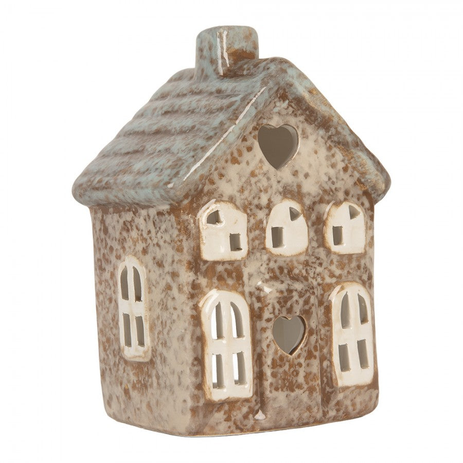 Clayre & Eef Teelichthalter Keramik Lichthaus Reaktivglasur Herzfenster Kamin Blaues Dach 9x6x13 cm (6CE2291)