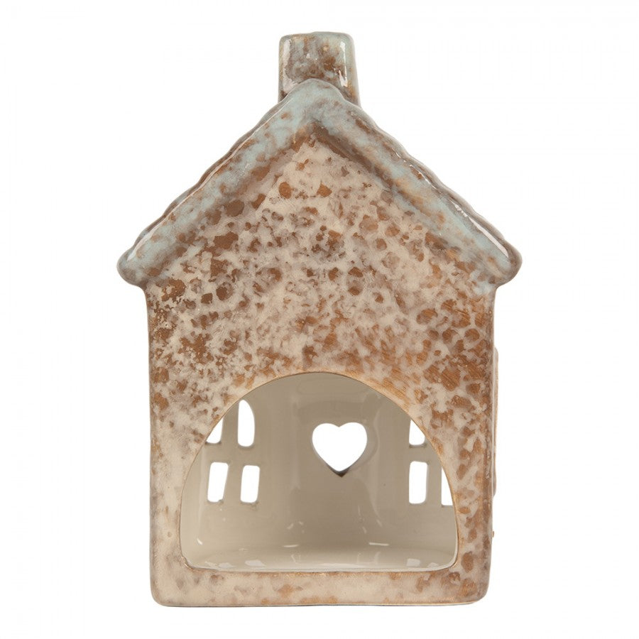 Clayre & Eef Teelichthalter Keramik Lichthaus Reaktivglasur Herzfenster Kamin Blaues Dach 9x6x13 cm (6CE2291)